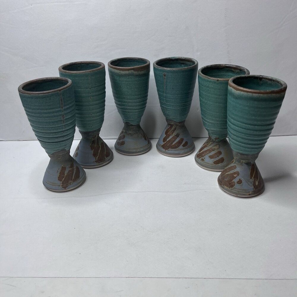 Studio Art Pottery Wine Goblets Green Blue Glazed Stoneware Handmade Set of 6
